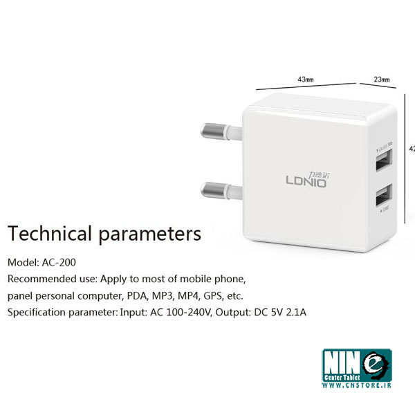  شارژر دیواری 2.1 آمپر LDNIO با دو پورت USB مدل DL-AC200 به همراه کابل میکرو USB